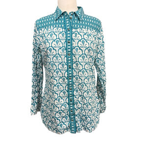 Soft Surroundings Teal White Patterned Button Down Shirt M